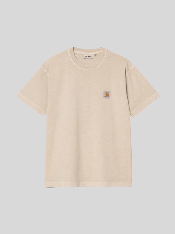 Image of a model wearing Tops. Productname: Carhartt Wip S/S Nelson T-Shirt in Fleur De Sel colour by brand - Carhartt Wip