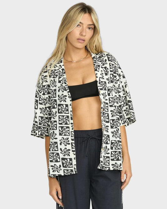 Image of a model wearing Tops. Productname: Billabong - Womens Beach Side Short Sleeve Shirt - Black Sands - in Black Sands colour by brand - Billabong