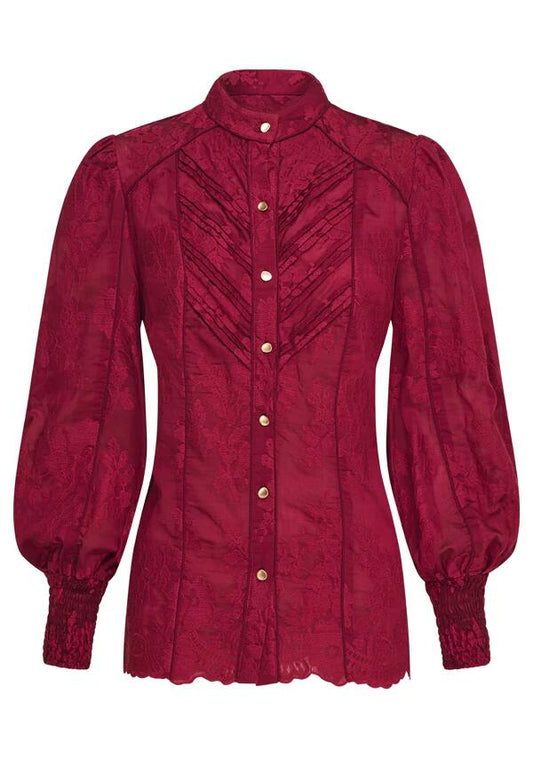 Image of a model wearing Tops. Productname: Edith Lace Blouse in Cherry Lacquer colour by brand - MOS The Label