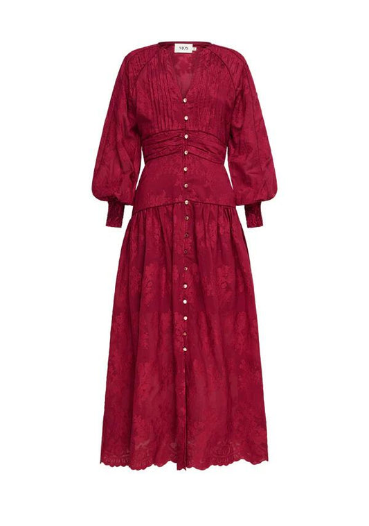 Image of a model wearing Dress. Productname: Edith Lace Maxi Dress in Cherry Lacquer colour by brand - MOS The Label