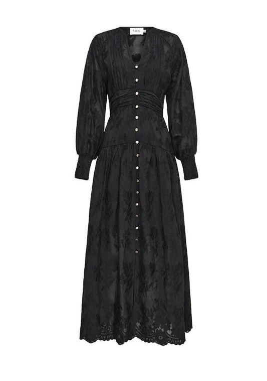 Image of a model wearing Dress. Productname: Edith Lace Maxi Dress in Black colour by brand - MOS The Label
