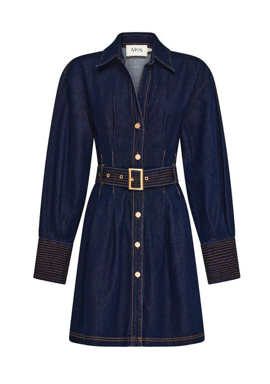 Image of a model wearing Denim. Productname: Sia Denim Mini Dress in Deep Indigo colour by brand - MOS The Label