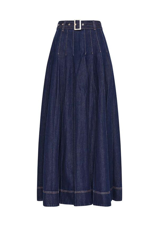 Image of a model wearing Denim. Productname: Sia Denim Skirt in Deep Indigo colour by brand - MOS The Label