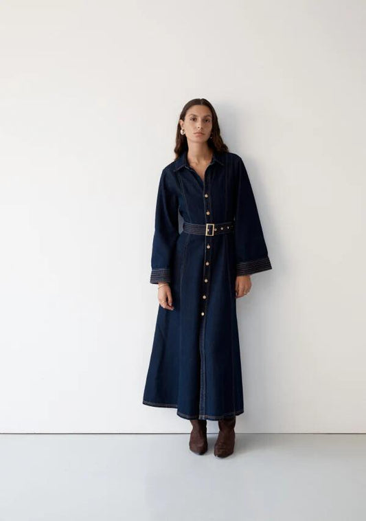 Image of a model wearing Denim. Productname: Sia Denim Tunic Dress in Deep Indigo colour by brand - MOS The Label