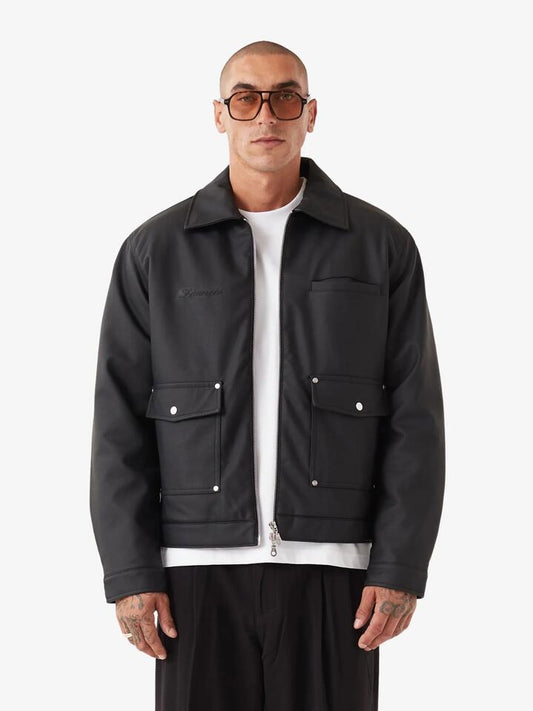 Image of a model wearing Outerwear. Productname: Zanerobe Faux Leather Aviator Jacket in BLACK colour by brand - Zanerobe