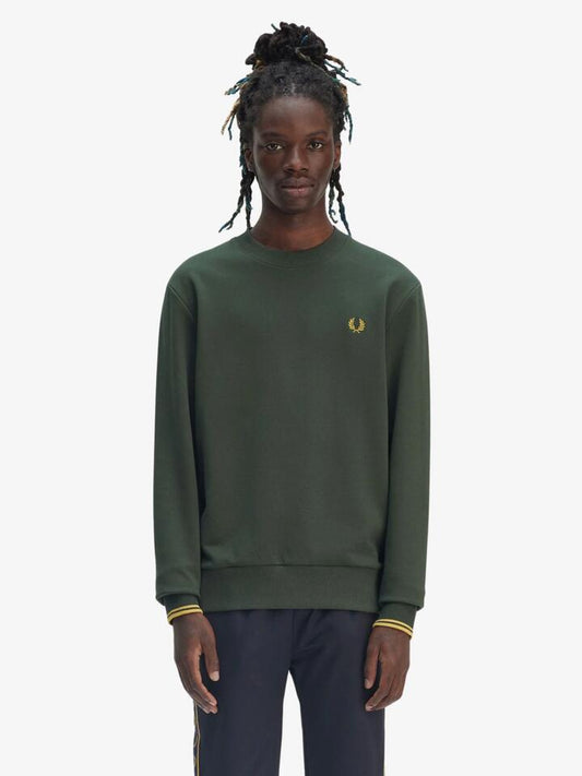 Image of a model wearing Outerwear. Productname: Fred Perry Crew Neck Sweatshirt in COURT GREEN colour by brand - Fred Perry