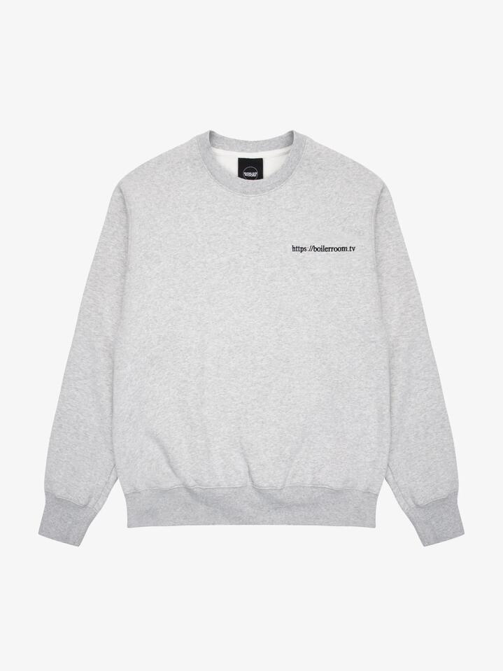 Image of a model wearing Outerwear. Productname: Boiler Room Boiler Room TV Logo Crew Sweatshirt in GREY colour by brand - Boiler Room