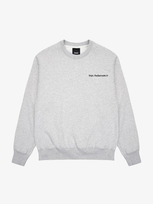 Image of a model wearing Outerwear. Productname: Boiler Room Boiler Room TV Logo Crew Sweatshirt in GREY colour by brand - Boiler Room