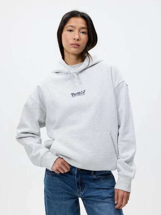 Image of a model wearing Outerwear. Productname: Thrills Workware Embro Slouch Hood in White Marle colour by brand - Thrills