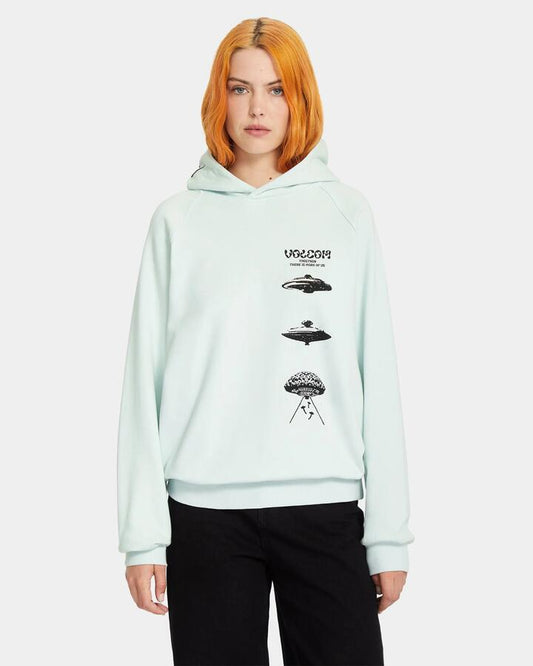 Image of a model wearing Outerwear. Productname: Volcom - Mens Fa Filip Rygalski Pulover Hoodie - Cloud Blue - in Cloud Blue colour by brand - Volcom