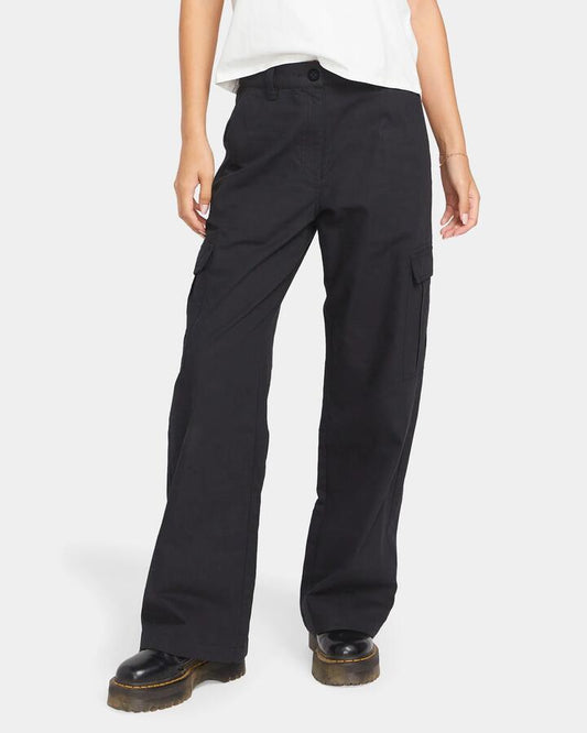 Image of a model wearing Pants. Productname: Volcom Womens Cargstone Cargo Pants Black - in Black colour by brand - Volcom