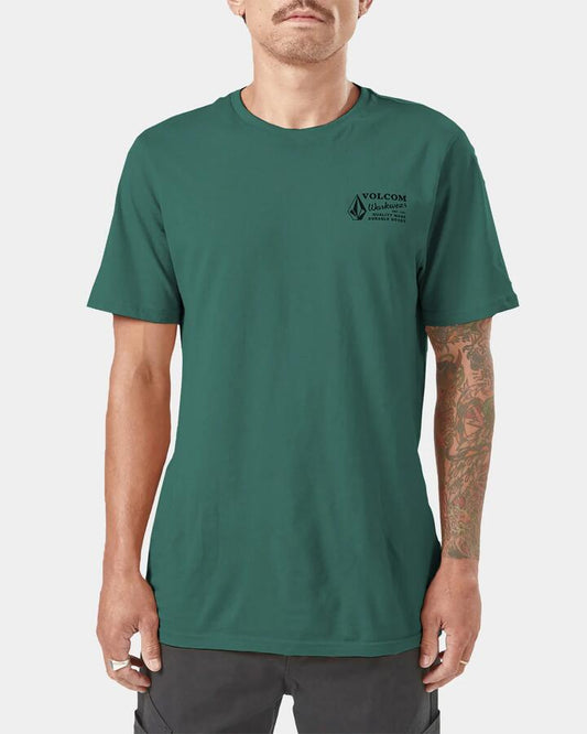 Image of a model wearing Uniforms & Workwear. Product name - Volcom Mens Workwear T-Shirt Forest in Forest colour by brand - Volcom