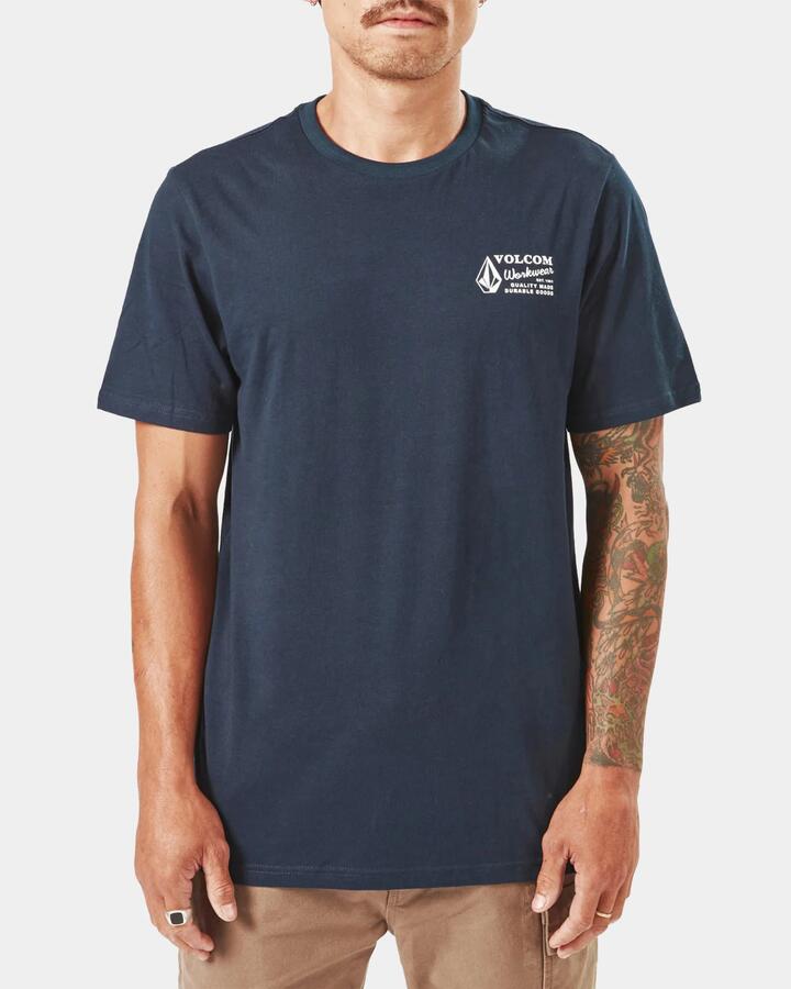 Image of a model wearing Uniforms & Workwear. Product name - Volcom Mens Workwear T-Shirt Navy in Navy colour by brand - Volcom