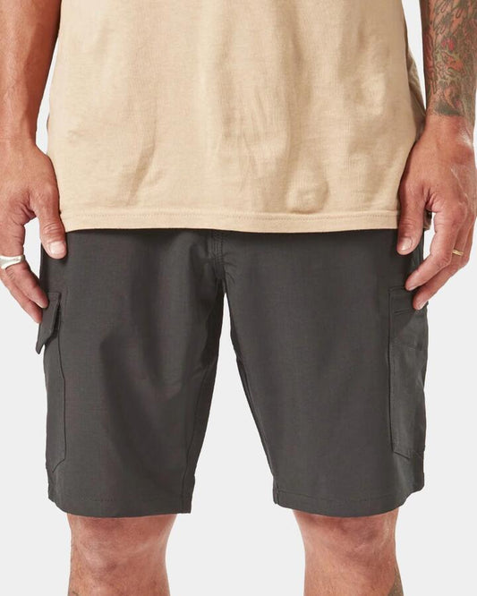Image of a model wearing Shorts. Productname: Volcom Mens Slab 20" Hybrid Shorts Black - in Black colour by brand - Volcom