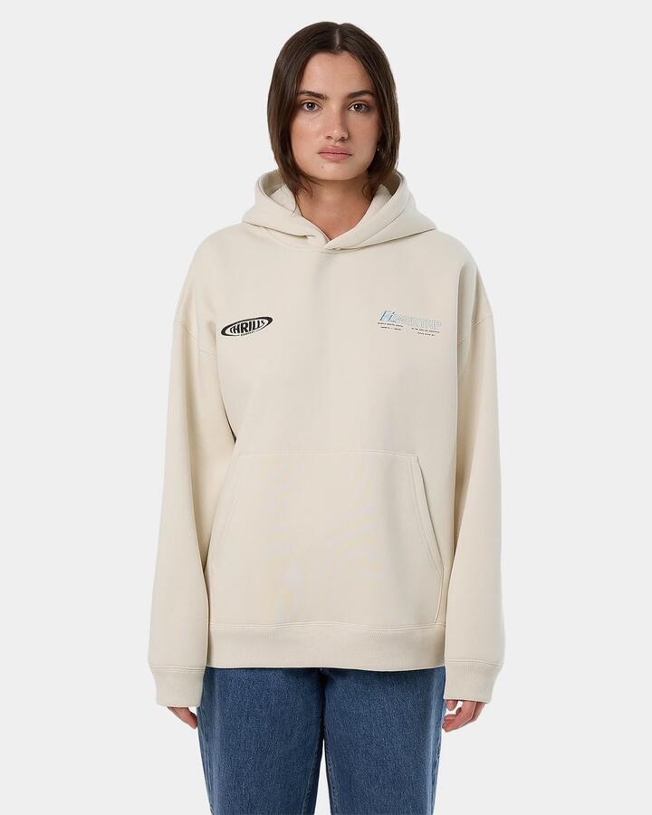 Image of a model wearing Outerwear. Productname: Thrills Womens Flower Trip Cocoon Panel Pullover Hoodie Heritage White - in Heritage White colour by brand - Thrills