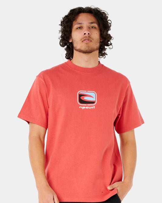 Image of a model wearing Tops. Productname: Rip Curl Mens Archive Mixed T-Shirt Cranberry - in Cranberry colour by brand - Rip Curl