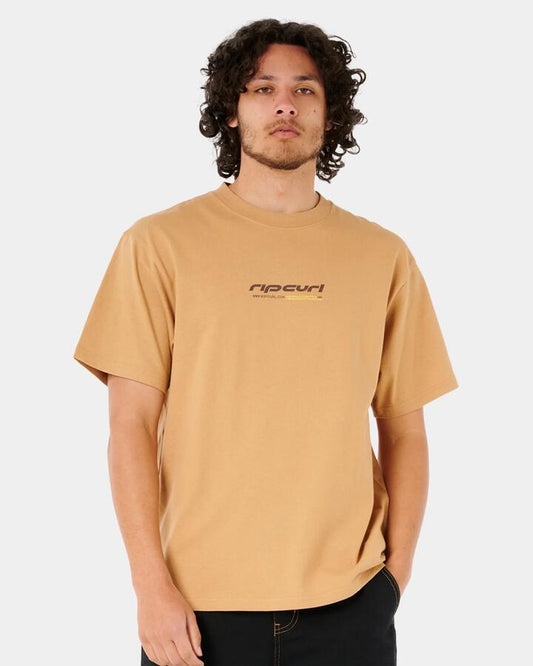 Image of a model wearing Tops. Productname: Rip Curl Mens Archive Mixed T-Shirt Iced Coffee - in Iced Coffee colour by brand - Rip Curl