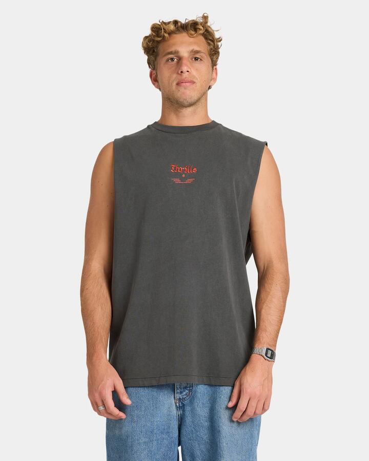 Image of a model wearing Tops. Productname: Thrills Mens Wishes Come True Merch Fit Tank Top Merch Black - in Merch Black colour by brand - Thrills