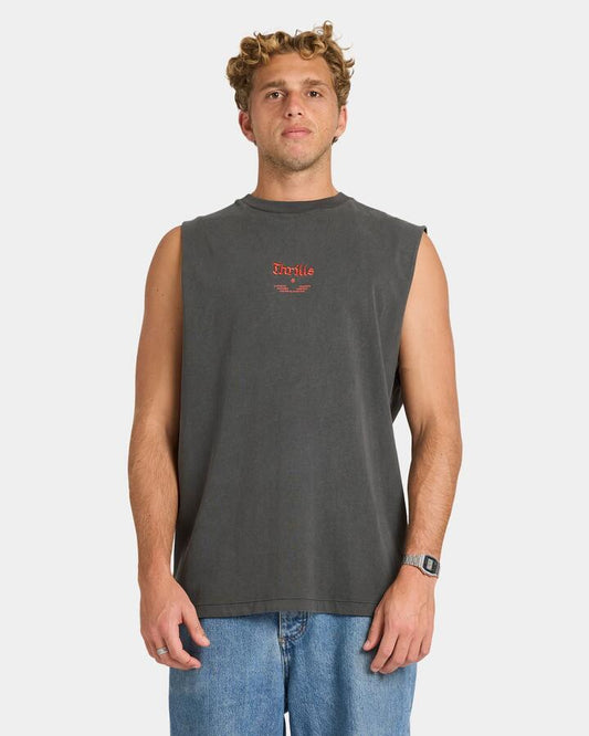 Image of a model wearing Tops. Productname: Thrills Mens Wishes Come True Merch Fit Tank Top Merch Black - in Merch Black colour by brand - Thrills