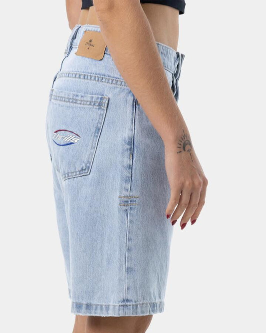 Image of a model wearing Shorts. Productname: Thrills Womens Reagan Fortune Favours Slouch Denim Shorts Shadow Blue - in Shadow Blue colour by brand - Thrills