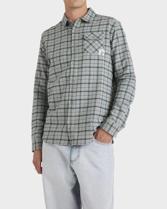 Image of a model wearing Tops. Productname: RVCA Mens Track Side Long Sleeve Shirt Sleet - in Sleet colour by brand - RVCA