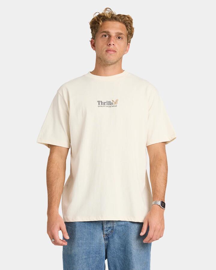 Image of a model wearing Uniforms & Workwear. Product name - Thrills Mens Thrills Workwear Merch Fit T-Shirt Unbleached in Unbleached colour by brand - Thrills