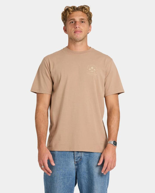 Image of a model wearing Tops. Productname: Rusty Mens Oasis Short Sleeve T-Shirt Beaver Brown - in Beaver Brown colour by brand - Rusty