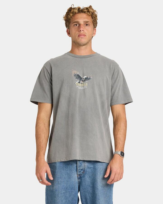 Image of a model wearing Tops. Productname: Thrills Womens Hightail Merch Fit T-Shirt Washed Grey - in Washed Grey colour by brand - Thrills