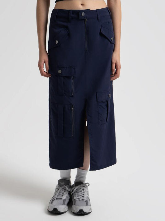 Image of a model wearing Denim. Productname: OWWY Inux Cargo Midi in Navy colour by brand - OWWY