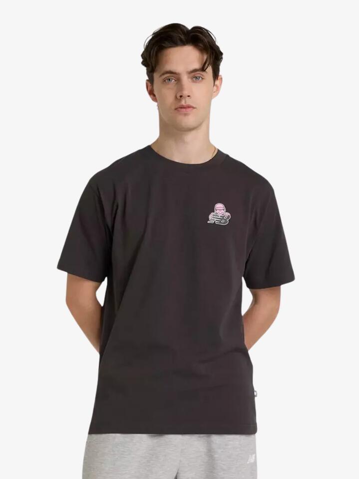 Image of a model wearing Tops. Productname: New Balance NB X Face Oka Sport T-Shirt in Black colour by brand - New Balance
