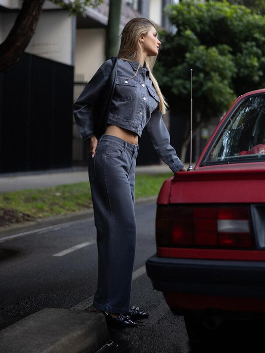 Image of a model wearing Outerwear. Productname: Beyond Her Hazel Cropped Jacket in Ash colour by brand - Beyond Her