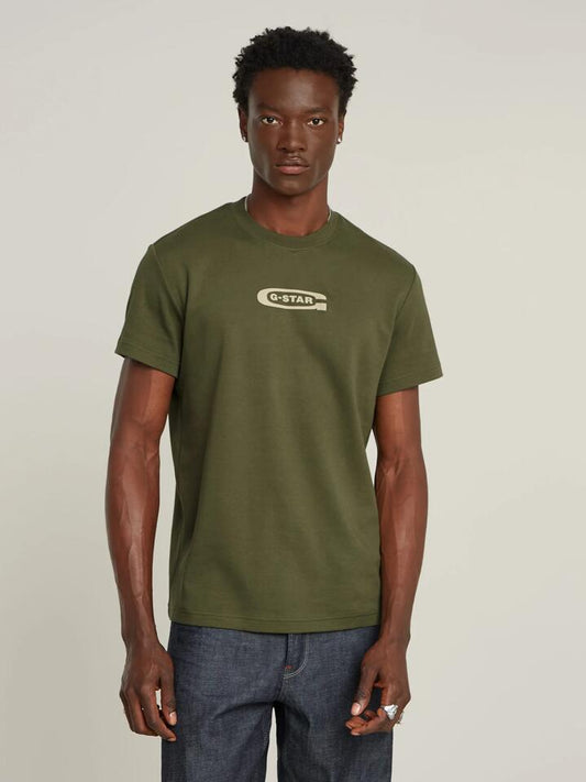 Image of a model wearing Tops. Productname: G-Star Old Skool Logo R Tee in Shadow Olive colour by brand - G-Star