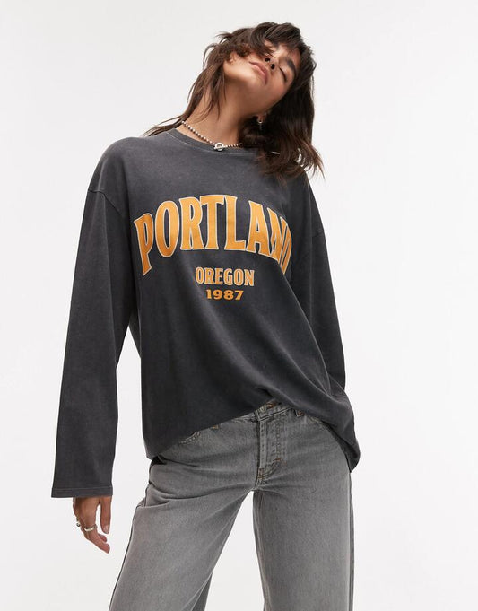Image of a model wearing Tops. Productname: Topshop Graphic Portland Skater Tee in GREY colour by brand - Topshop