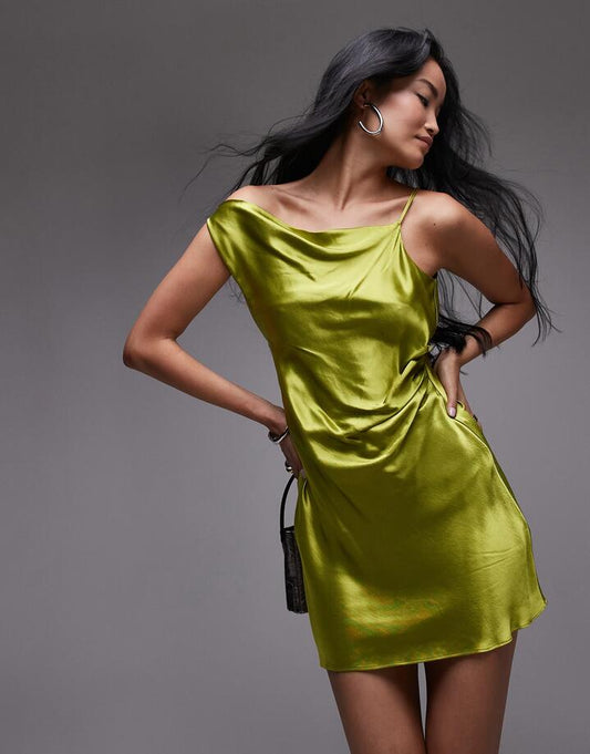 Image of a model wearing Dress. Productname: Topshop Mini Asymmetric Neck Dress in OLIVE GREEN colour by brand - Topshop