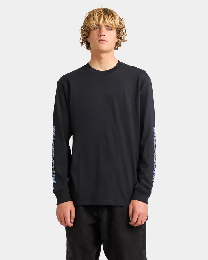 Image of a model wearing Tops. Product name - Billabong Mens Spec 73 Long Sleeve T-Shirt Black in Black colour by brand - Billabong