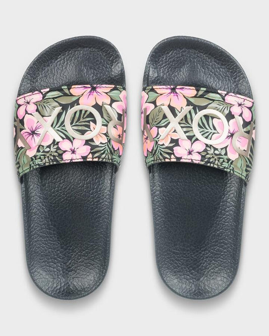 Image of Slippers. Product name - Roxy Girls 8-16 Slippy Ii Slides Black Multi 1 in Black Multi 1 colour by brand - Roxy