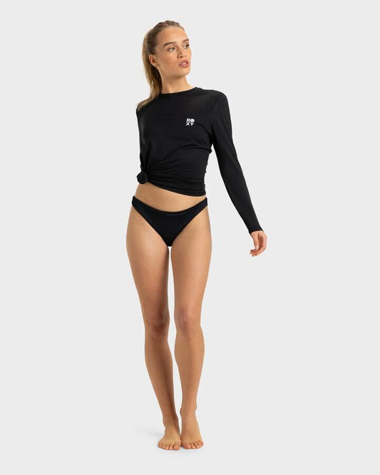 Image of a model wearing Tops. Productname: Roxy Womens Happy Waves Long Sleeve Rash Vest Anthracite - in Anthracite colour by brand - Roxy