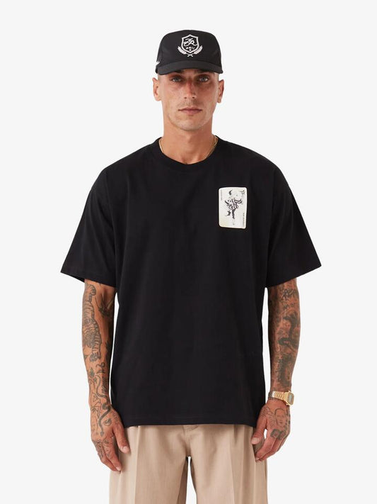 Image of a model wearing Tops. Productname: Zanerobe Joker Box Tee in Black colour by brand - Zanerobe