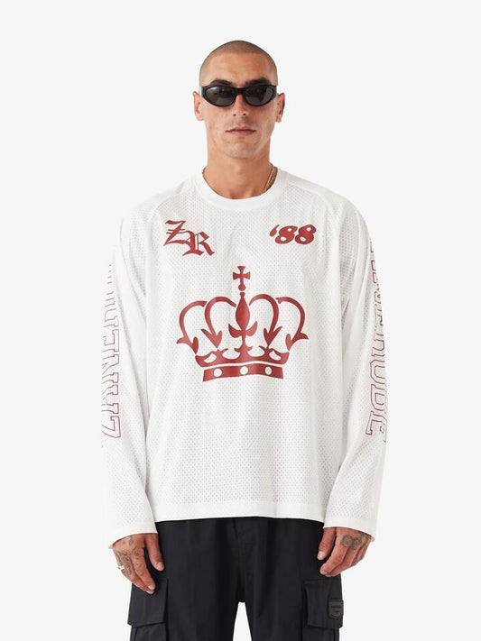 Image of a model wearing Tops. Productname: Zanerobe Mesh Hockey Jersey in VINTAGE WHITE colour by brand - Zanerobe