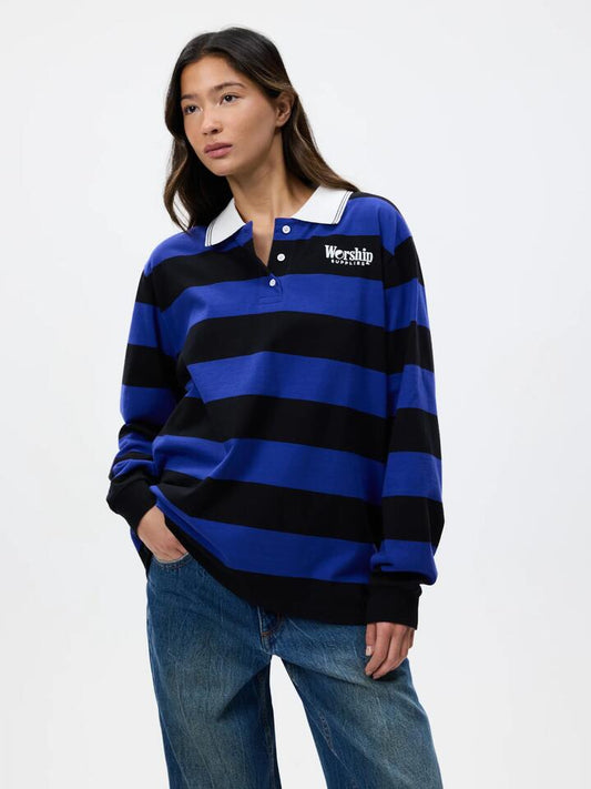 Image of a model wearing Tops. Productname: Worship Smoko Stripe Long Sleeve Polo in Cobalt/Black colour by brand - Worship