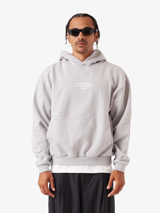 Image of a model wearing Outerwear. Productname: Zanerobe Design House Box Hood in Grey Marle colour by brand - Zanerobe
