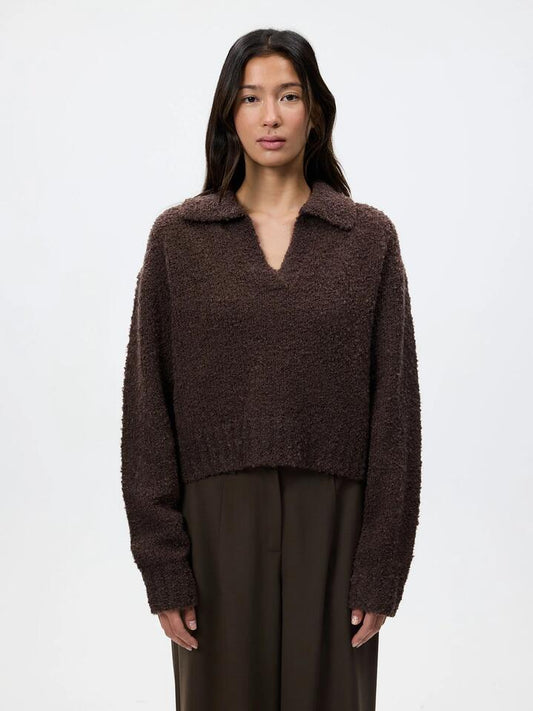 Image of a model wearing Tops. Productname: Lulu & Rose Evie Rugby Knit in Espresso colour by brand - Lulu & Rose