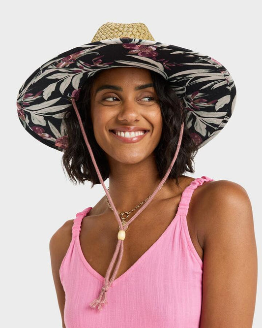 Image of Hats. Productname: Roxy Womens Pina To My Colada Printed Straw Hat Anthracite Wind Swept Floral - in Anthracite Wind Swept Floral colour by brand - Roxy