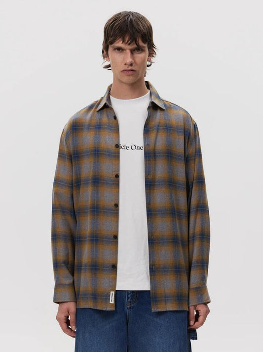 Image of a model wearing Tops. Productname: Article One Martin Flannel Shirt in CLAY CHECK colour by brand - Article One