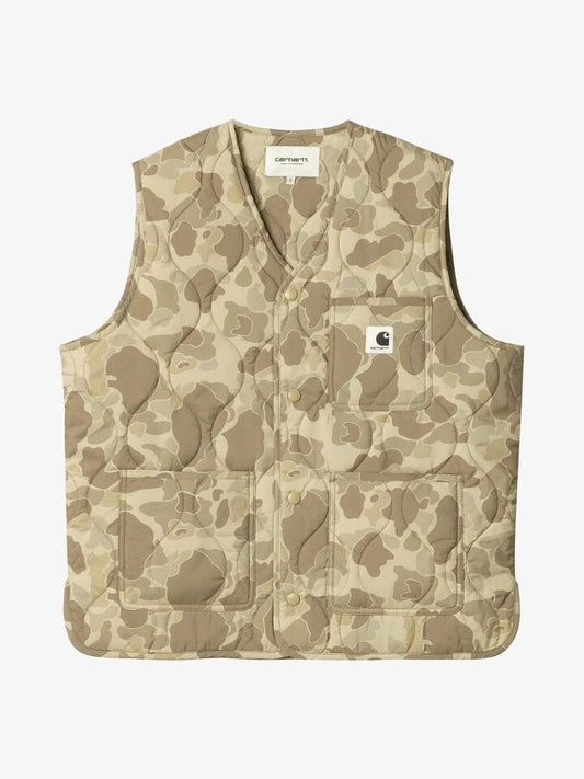 Image of a model wearing Tops. Productname: Carhartt Wip Skyler Vest in Camo Duck/Desert colour by brand - Carhartt Wip