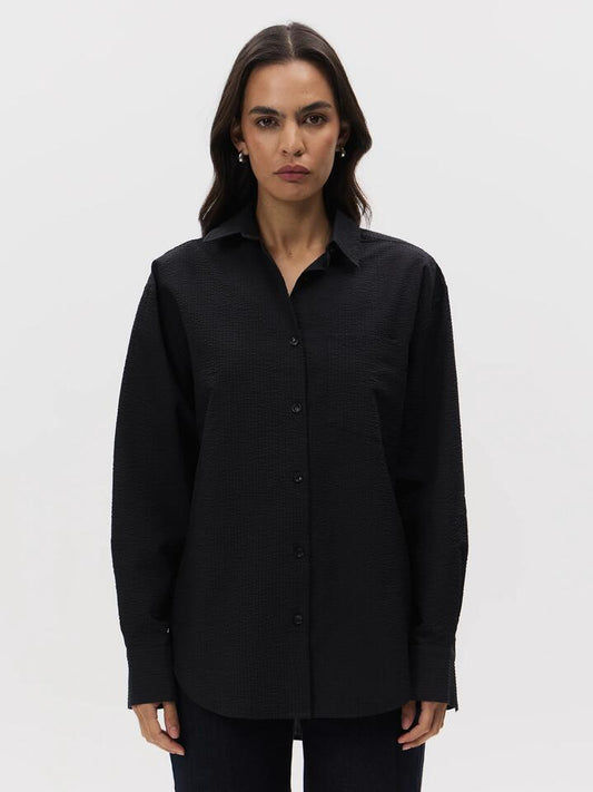 Image of a model wearing Tops. Productname: MSE Oversized Shirt in Black colour by brand - MSE