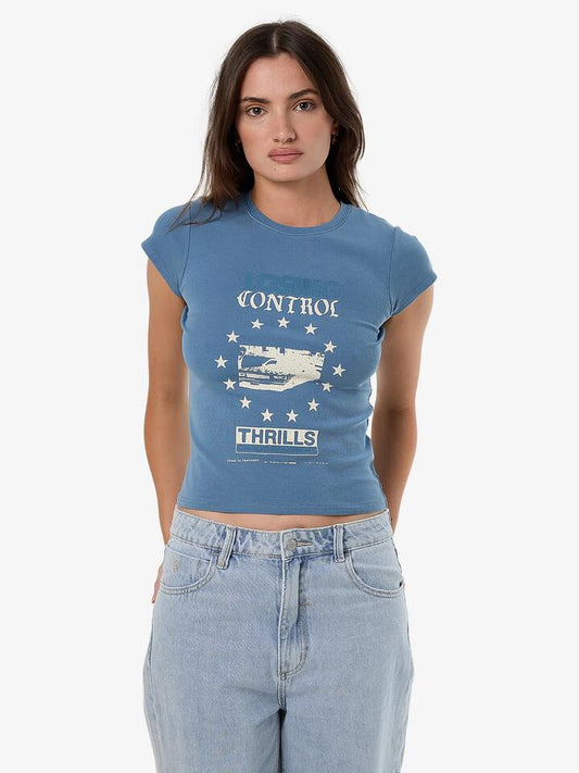 Image of a model wearing Tops. Productname: Thrills Losing Control Club Tee in Storm Blue colour by brand - Thrills