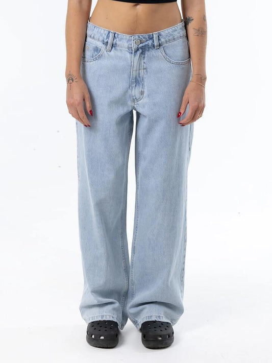 Image of a model wearing Denim. Productname: Thrills Billie Low Fortune Favours Jean in Shadow Blue colour by brand - Thrills