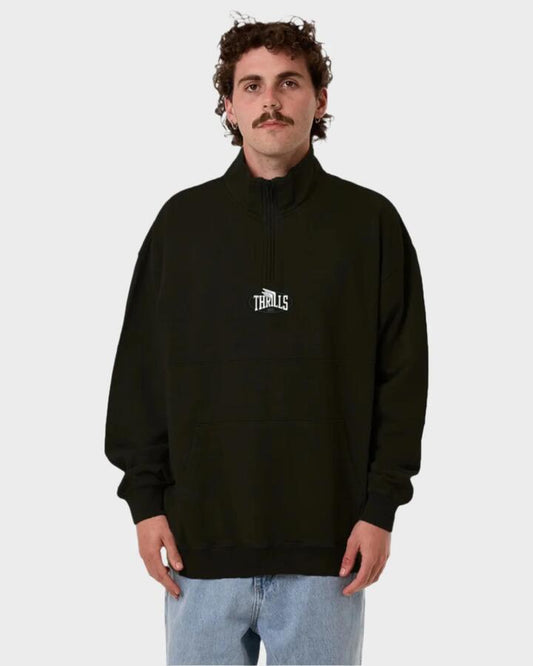 Image of a model wearing Outerwear. Productname: Thrills Mens Born To Fly Quarter Zip Fleece Jumper Black - in Black colour by brand - Thrills