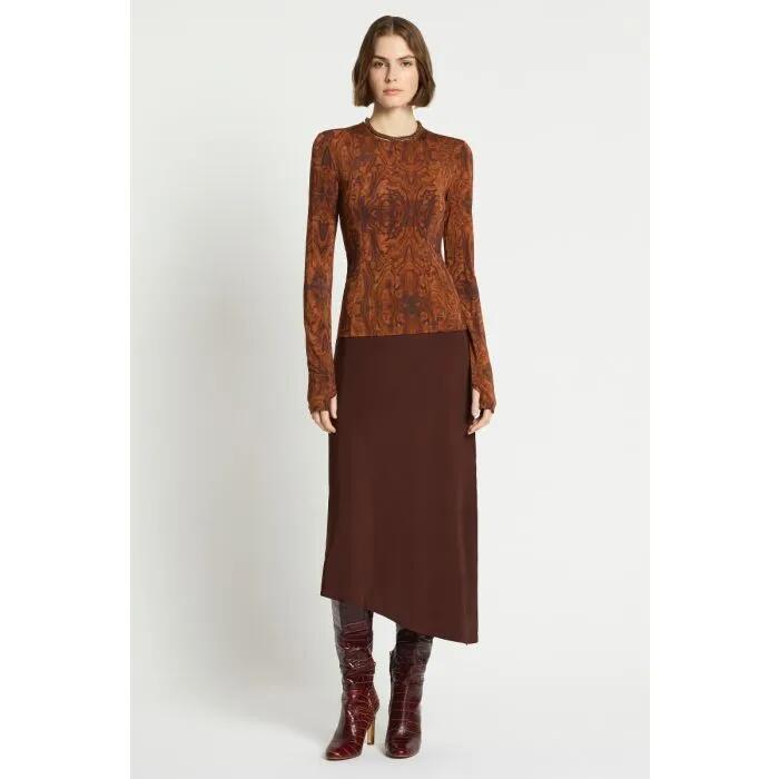 Image of a model wearing Skirts. Productname: Fenn Skirt in DARK BROWN colour by brand - sass and bide
